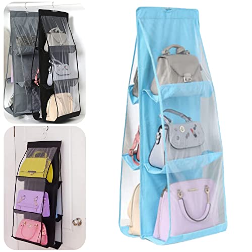 Double-Sided Six-Layer Hanging Storage Bag, 6 Pockets Hanging Closet Storage Bag, High Capacity Transparent Collapsible Non-Woven Hanging Handbag Storage Hanging Bag, 90CM*35CM*32CM (Sky Blue)