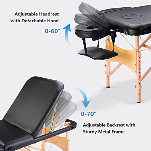3-Section Professional Massage Table Portable, 84 Inches Ergonomic Massage Bed Salon Spa Lash Facial Bed For Esthetician, 500Lbs Load Capacity Height Adjustable, With Accessories & Carrying Case #TOP1
