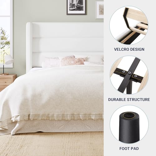 Image of Allewie King Size Platform Bed Frame with Velvet Upholstered Wingback Headboard, No Box Spring Needed, Under Bed Storage Space, Strong Wooden Slats, Modern Mattress Foundation, Easy Assembly, White