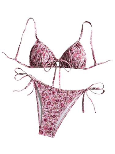 Milumia Women's 2 Piece Swimsuit Floral Drawstring Spaghetti Strap Thong Bikini Set