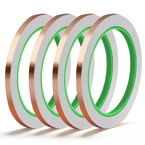 Rindion 4 Pack Copper Tape 1/4inch X 196.8FT Double-Sided Conductive Copper Foil Tape Copper Tape Conductive Adhesive for EMI Shielding Electrical Repairs Guitars Grounding Craft Decorations