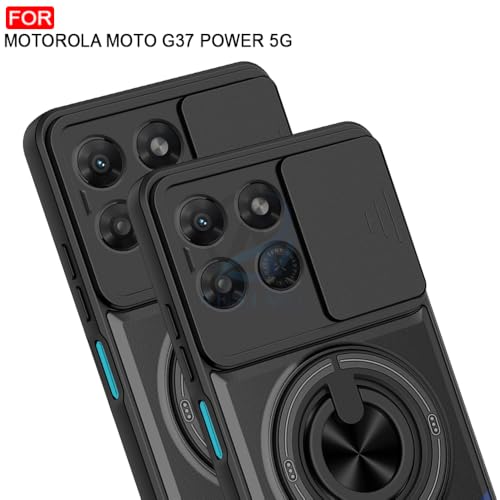 Image of AESTMO Motorola Moto G37 Power 5G Back Cover | Armor Camera Slider 360 Degree Rotating Finger Ring Holder Case with Bracket Stand Back Case Cover (Compatible with MagSafe Accessories) Black