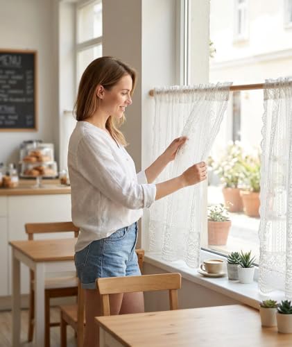 Image of piercing Curtains for Kitchen, Lace Curtains, Kitchen Window Curtains, Sheer Curtains, Kitchen Curtains 29 inchx39 inch Tier 1-Panel Rod Pocket Floral Scalloped Cafe Light Filter White (Lace) (White)
