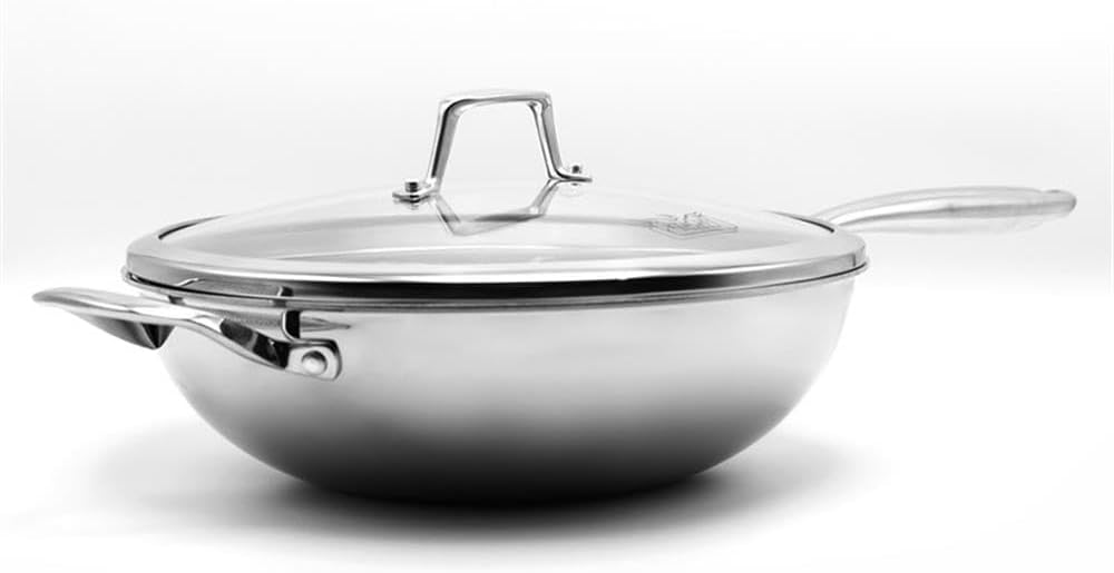 Pemberly Row Culinary Professional 3-Ply Stainless Steel Wok with Lid, 23.5 in, Brushed Finish, 6.63 Quart Capacity, Even Heat Distribution, Induction Compatible, Dishwasher Safe Cooking Pan