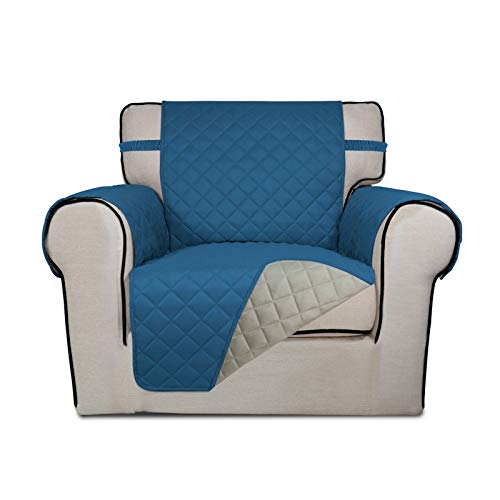Image of PureFit Reversible Quilted Sofa Cover, Water Resistant Slipcover Furniture Protector, Washable Couch Cover with Non Slip Foam and Elastic Straps for Kids, Pets (Small, Peacock Blue /Beige)
