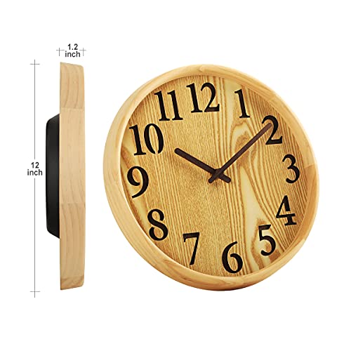Aromustime 12 Inches Round Wooden Wall Clock Battery Operated Silent Non-Ticking,Wood Pointer&No Glass Cover,For Office Kitchen Bedroom Classroom&Living Room, Nature 05 #TOP5