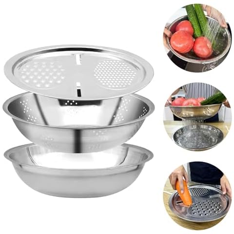 Multifunctional Stainless Steel Grater Basin with Vegetable Cutter 3 in 1 Colander Basin and Drain Basket Vegetable Slicer Grater Strainer Salad Bowl for Kitchen (3pcs Colander and Basin Set) Cover