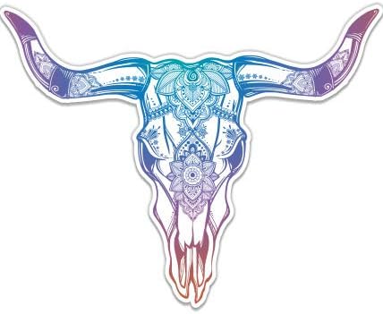 Bull Skull Mandala Colorful Boho Style - 3" Vinyl Sticker - for Car Laptop I-Pad Phone Helmet Hard Hat - Waterproof Decal