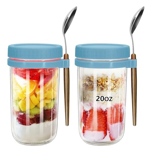 eispap 20oz - 2 Pack Overnight Oats Jars with Lids and Spoon, Overnight Oats Container with Lids, Measurement Marks, Wide Mouth Mason Jars for Salad, Cereal (2pcs blue)