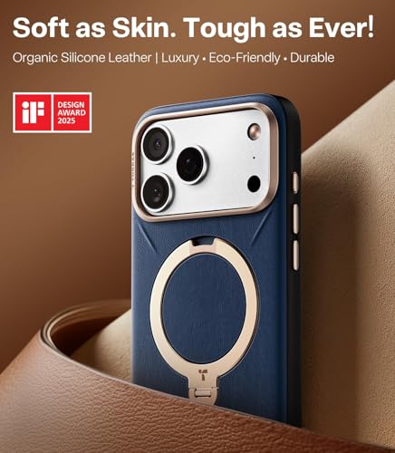 Image of TORRAS Q3 VegSkin Original Imported for iPhone 17 Pro Max Case, 360 Magnetic Stand, MagSafe Compatible, Mil-Grade Drop Tested, Premium Organic Silicone Leather for 17 Pro Max Cover, Midnight Black
