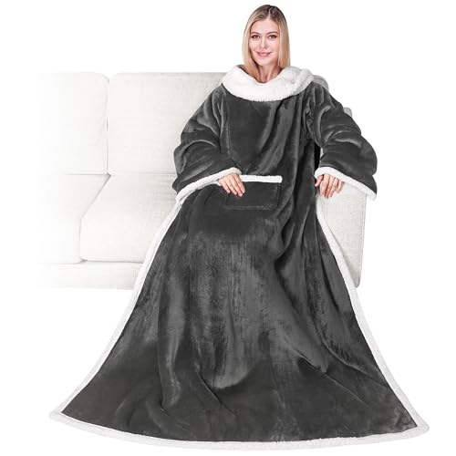 PAVILIA Sherpa Fleece Blanket with Sleeves Women Men Adult, Wearable