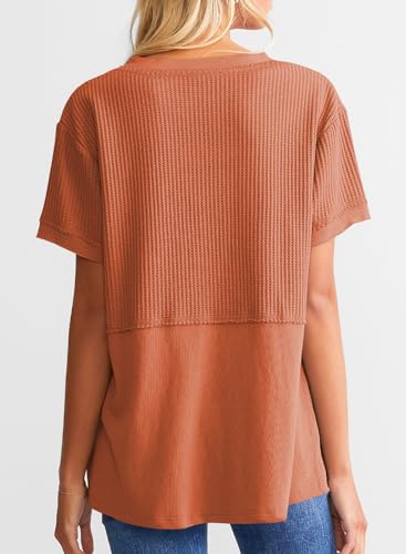 SHEWIN Womens Casual V Neck Waffle Knit Tops Short Sleeve T Shirts Loose Blouses3