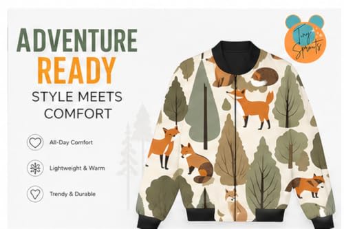 Image of Tiny Sprouts Kids Jacket | JungleFox Theme | Warm Quilted Fleece | Unisex | Ages 5-14