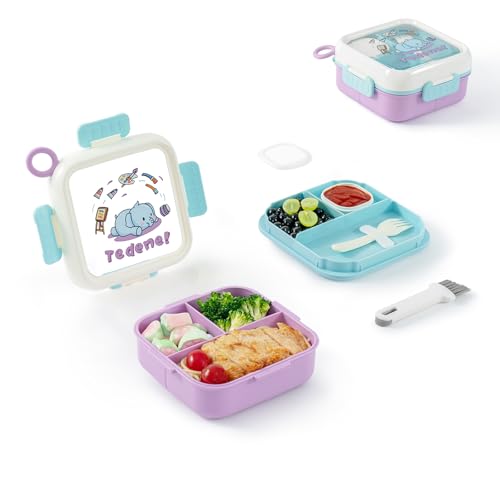 SAYAPE Bento Box for Kids Adults – Cute Cartoon 2-Layer Lunch Box with Fork, Sauce Cup & Brush, BPA-Free, 3-Compartment Square Snack Container with...