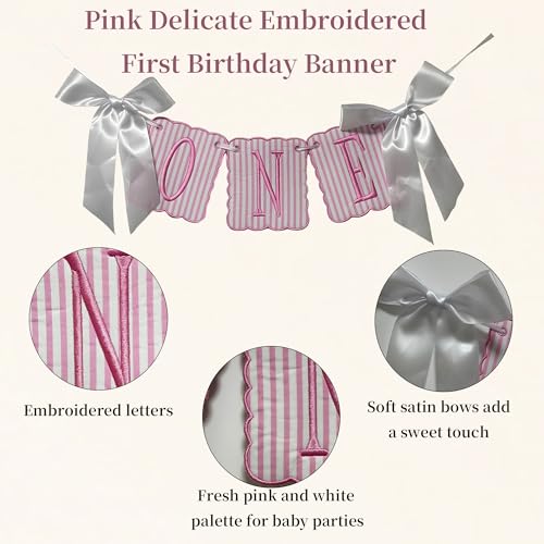 Image of Pink and White Striped ONE High Chair Banner Vertical Stripe Embroidered 1st Birthday Highchair Banner First Birthday Decorations for Girl (Pink Stripes)