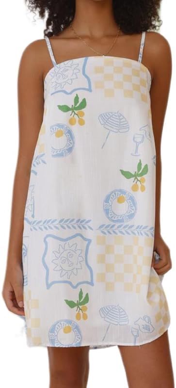 ROAONOCOMO Women Boho Graffiti Cami Mini Dress Spaghetti Strap Printed A Line Short Dress Cute Colorful Sundress