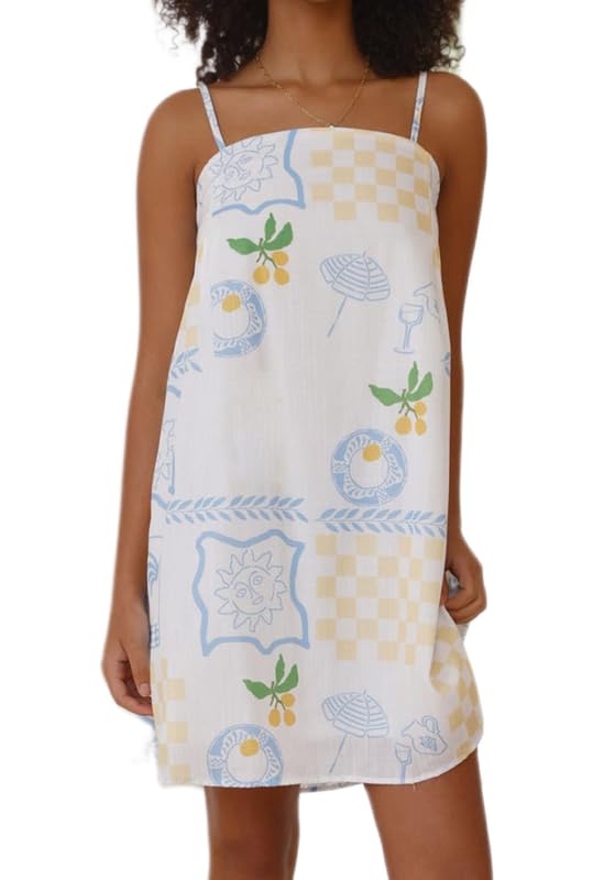 Image of ROAONOCOMO Women Boho Graffiti Cami Mini Dress Spaghetti Strap Printed A Line Short Dress Cute Colorful Sundress