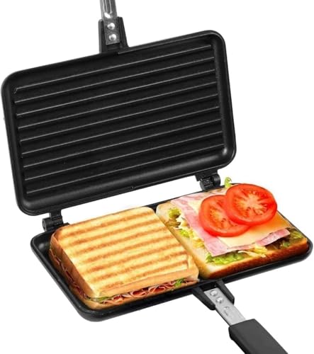 Zetify ホットサンドメーカー 直火 2枚焼き 上下分離型 ダブル 焼き目 大型グリルパン 餃子焼き器 フッ素樹脂加工 お手入れ簡単 手軽 丸洗い 焦げ付きにくい キャンプ アウトドア 家庭用 (ブラック,1)