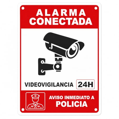 Cartel Alarma Conectada Videovigilancia 24H – Aviso Inmediato a Policía – Placa Seguridad CCTV Alupanel 3mm para Interior y Exterior – Resistente UV y Agua – Señal Disuasoria Roja 20x15 cm
