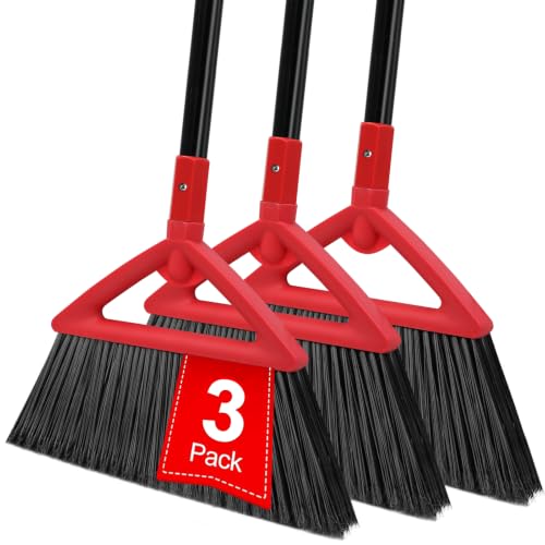 Image of Heavy Duty Red Angle Broom with Long Handle - 3 Pack