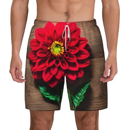 Wooden Board Retro Flower Red Dahlia Print Men's Double Layer Swim Trunks,Athletic Beach Shorts,Adjustable Drawstring Waist