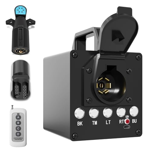 Portable Trailer Light Tester Box with 12V 10Ah Battery, Wireless Remote Control Operation, Fit for 7-Way Round & 3/4/5 Flat Pin Type, with 7-pin Trailer Light Tester Plug