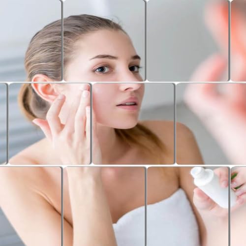 Image of Wall Mirror Tiles Set of 4, 8x8 Inch Square Mirror Acrylic Self Adhesive Flexible Mirror Sheets Wall Stickers Frameless Small Mirrors Wall Decor for
