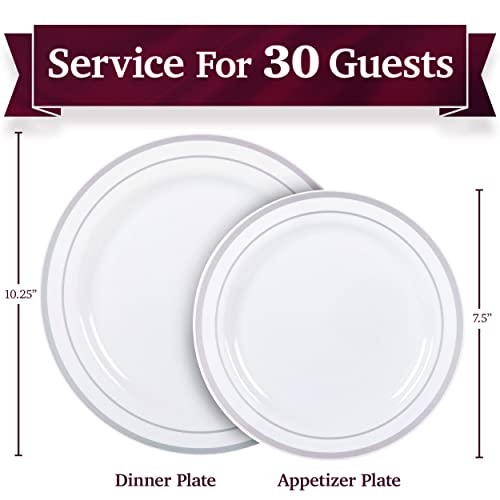 60 Plastic Plates With White And Silver Rim, Heavy Duty Plastic Disposable Party Plates 30 Dinner Plates 10.25" + 30 Salad Dessert Appetizer Plates 7.5", Premium Elegant For Weddings Holidays Events #TOP1