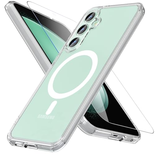 OWKEY Coque pour Samsung Galaxy S23 FE 5G,Compatible avec MagSafe avec Verre Trempé,[Protection Militaire] Magnétique Coque Samsung S23 FE Étui Arrière Housse Fine Antichoc Case pour S23 FE, Clear