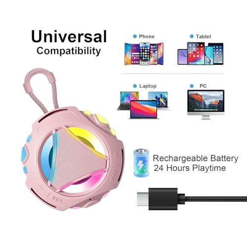 Image of Portable Bluetooth Speaker, IPX7 Waterproof Wireless Outdoor Speakers, Mini Shower Speaker, Floating, Built-in Mic, 24H Playtime with LED Lights,Loud HD Sound, Powerful Bass, Gifts for Unisex - Pink