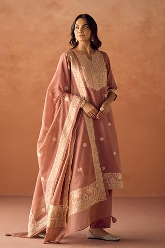 Image of FIORRA Women Cotton Jacquard Woven Kurta Set with Dupatta