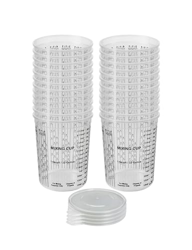 KREFINISH 32 OZ Paint Mixing Cups Disposable Flexible Clear Graduated Plastic Measuring Cups Box of 24 Cups & 4 Lids Use for Automotive Painting, Epoxy Resin, Acrylic Arts, Kitchen - Mixing Ratios