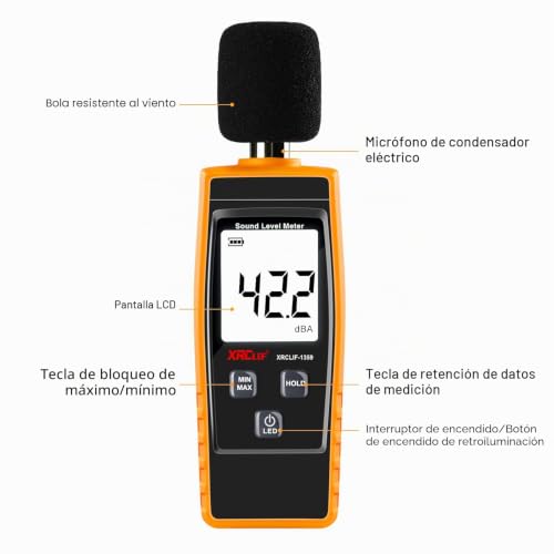 Miniatura 3 de Medidor De Decibelios Xrclif Portátil, Medidor De Ruido Digital, Rango De 30 130 Db A Db Metros, Medidor De Nivel De Ruido, Medidor De Control De Decibelios, Amarillo Batería Incluida