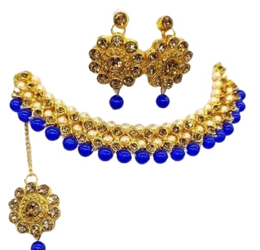 Womens, Girls Alloy Gold-plated Necklace, Earring & Maang Tikka Set (NAVY BLUE) (B0D6G2TQLD) Amazon Price History, Amazon Price Tracker