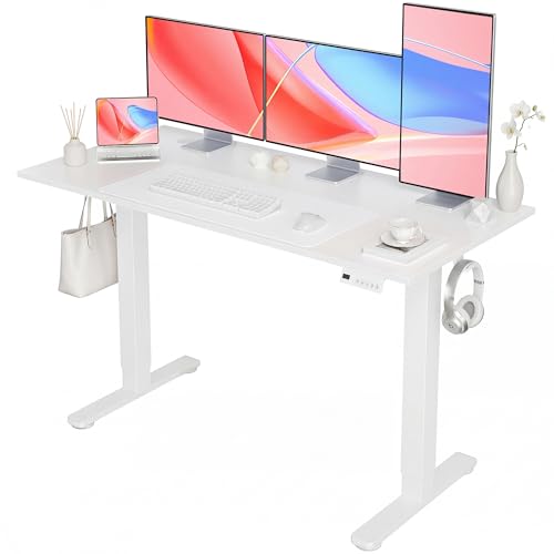 Image of YDN Electric Standing Desk Adjustable Height, 55 x 24 Inches Sit Stand up Desk with Memory Presets & Cable Management, Home Office Desk for Office & Computer Workstation, White Frame /White Top