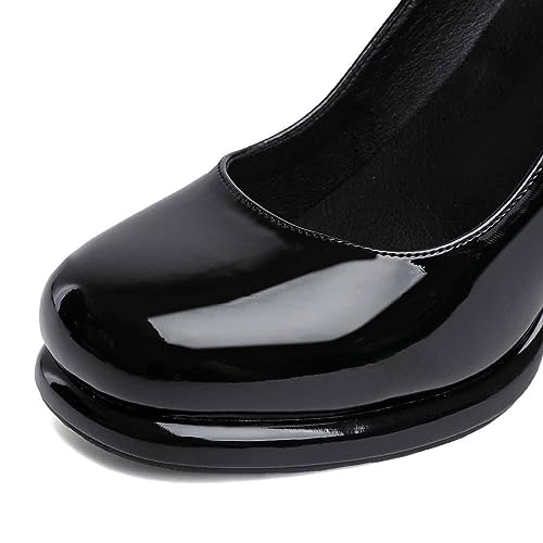 miss left Women's Platform Closed Round Toe Pumps Mary Janes Glossy Leather Ankle Strap Chunky High Heels Girls Party Dressy Shoes Size 4-16 US3