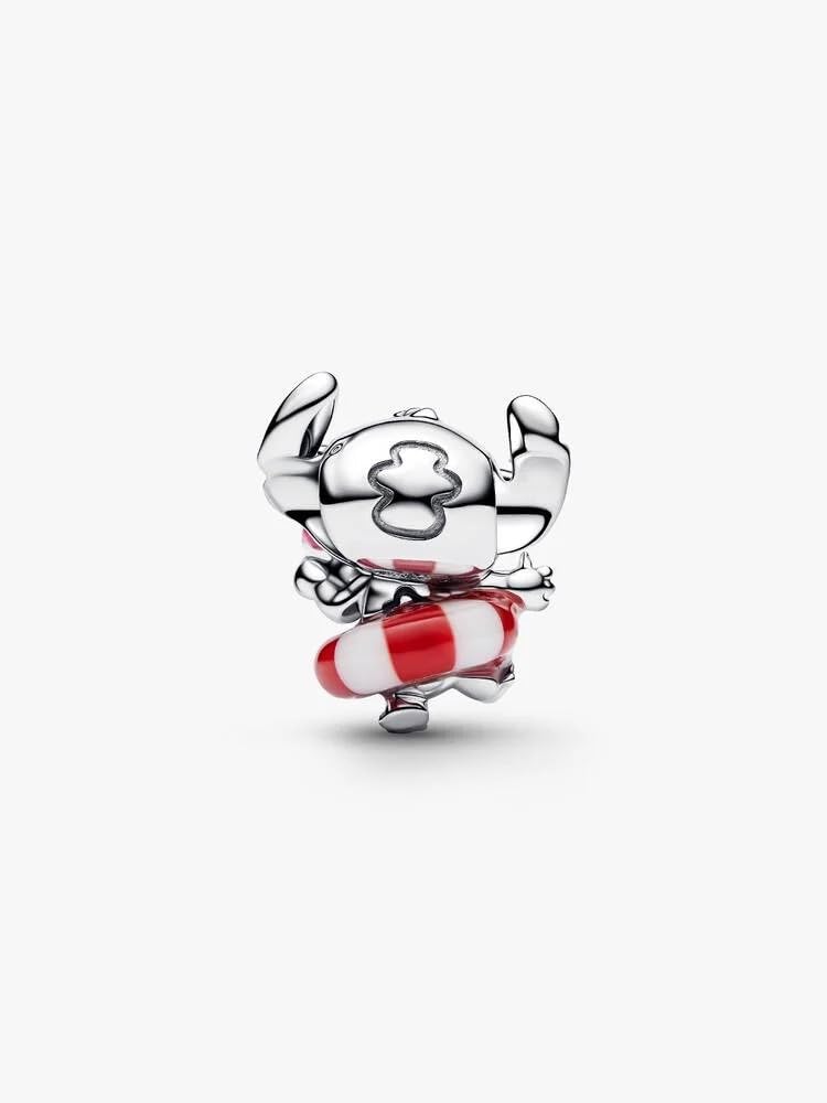 Disney Stitch Sterling Silver Charm with White and Red Murano Glass, Black and Pink Enamel