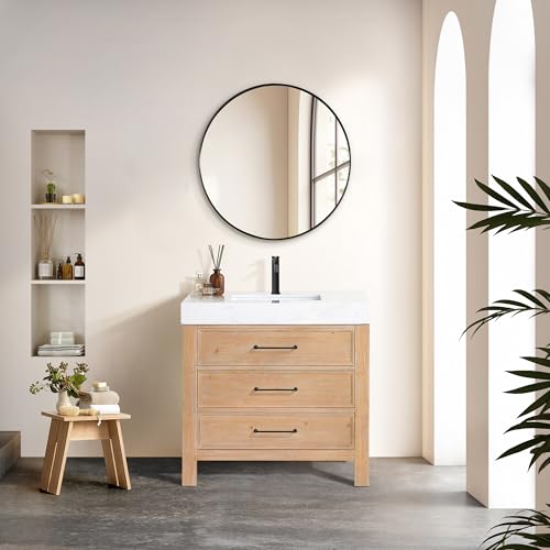 Vinnova Leon 36' Bathroom Vanity in Fir Wood Brown with Composite top in Lightning White