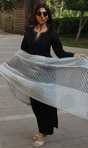 Image of ANNI Designer Kurta Sets for Women Viscose Embroidered | Kurta Pant Dupatta Set | Straight Kurti Set for Women | Round Neck V-Slit 3 /4 Sleeve Ethnic Suit | Designer Indian Kurti Outfit with Pants
