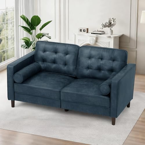 Image of 67 inch Suede Leather 2 Seater Sofa with Two Bolster Pillows, Blue | Tufted Sofa with Wooden Legs, Mordern Couch for Living Room, Office, Apartment