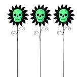 Glitzhome Set of 3 Glow in Dark Halloween Sunflower Skulls Metal Yard Stake, 24" Metal Yard Sign or Wall Decor for Outdoor