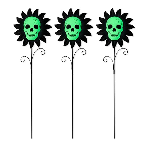 Glitzhome Set of 3 Glow in Dark Halloween Sunflower Skulls Metal Yard Stake 24 Metal Yard Sign or Wall Decor for Outdoor
