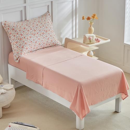 Image of DuShow Toddler Bedding Set for Girls,4 Pieces Floral Toddler Girl Comforter Set,Super Soft Reversible Toddler Sheet Set,Lightweight Crib Bed Set -Pink