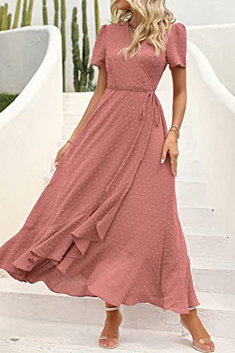 Image of PRETTYGARDEN Women's Summer Wrap Maxi Dress Casual Boho Floral V Neck Short Sleeve Ruffle Hem Split Beach Long Dresses