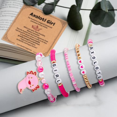 Y1tvei Cute Axolotl Bead Bracelets - 5Pcs Pink White Axolotl Lover Chains for Girls Adjustable Soft Clay Bracelet Kawaii Stuff Stretch Jewelry Accessories with Card for Kids Women Daughter Birthday2