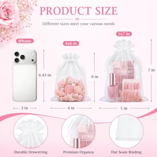 Image of FUNFERY 100PCS White Organza Gift Bags 5x7in,Drawstring Pouch for Jewelry