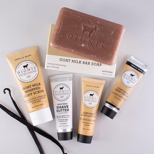 Image of Dionis Goat Milk Vanilla Bean Hand Cream, Body Lotion, Whipped Body Scrub, Shave Butter, Bar Soap 6 oz & Carrying Case 6-Piece Travel Set
