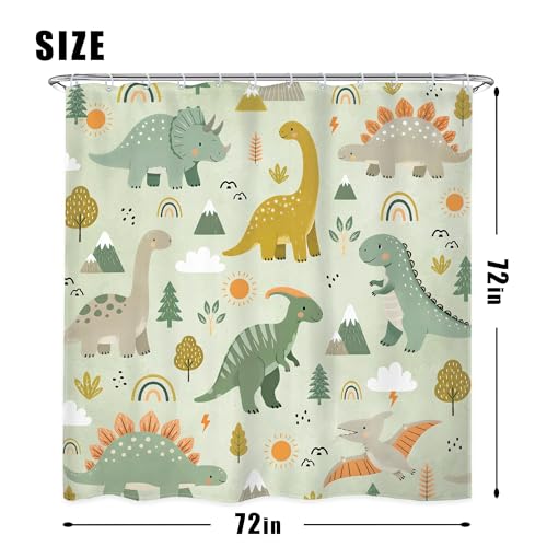 Image of 4PCS Kids Dinosaur 71Wx71H Inches Green Plant Leaves Botanical for Boys Shower Curtain Sets with Rugs, Toilet Lid Cover and Bath Mat, Cute Bath Accessories Art Home Decor Fabric 12 Pack Hooks