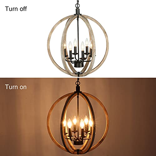 Derksic Orb 6-Light Farmhouse Chandelier, 20" Rustic Vintage Wooden Globe Chandelier for Kitchen, Living Room, Dining Room, Bedroom, Foyer, Stairwell, Brown - Image 8