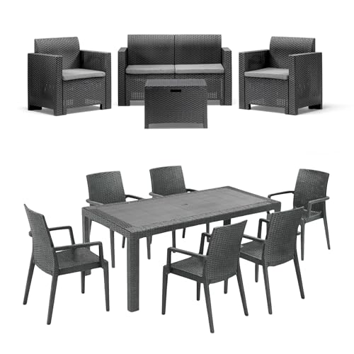 Realizzato con materiali resistenti e pensati per durare nel tempo, questo set unisce design e funzionalità, adattandosi con eleganza a giardini, terrazze e verande. Una scelta perfetta per chi desidera unire comfort, estetica e praticità in un unico spazio outdoor
